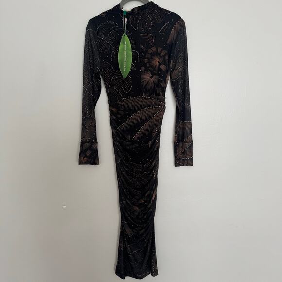 Farm Rio Black Golden Foliage Tulle Midi Dress - Picture 6 of 8